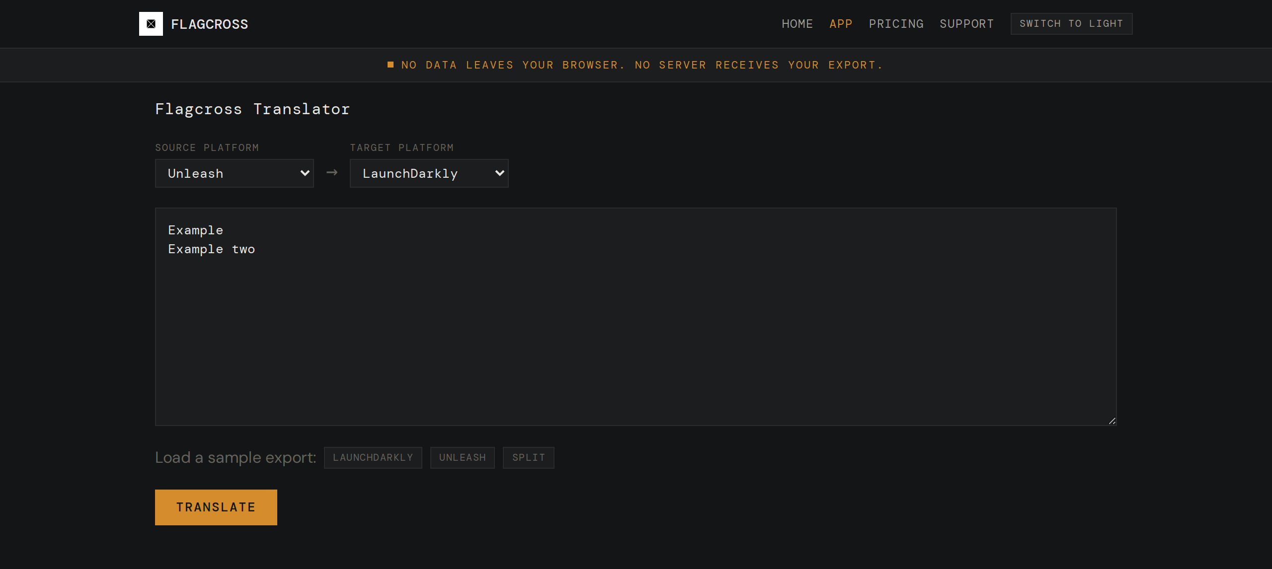 Flagcross translator interface showing an Unleash-to-LaunchDarkly translation with a paste area, platform dropdowns, and the TRANSLATE button in dark mode.